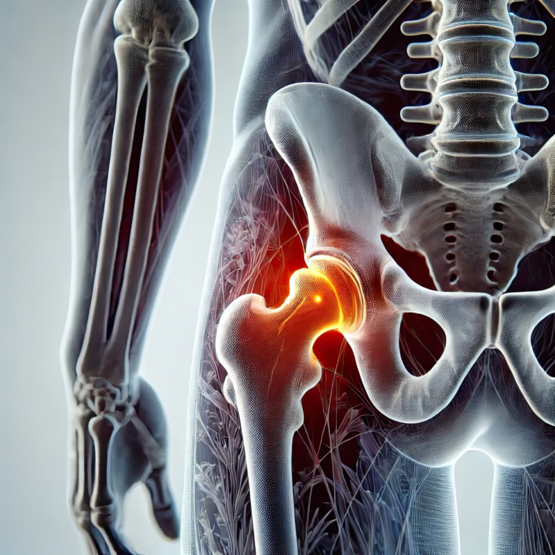 Hip highlighted with a deep orange glow to indicate pain or discomfort, 3d human body pain visualization illustration, concept of joint strain or hip injury
