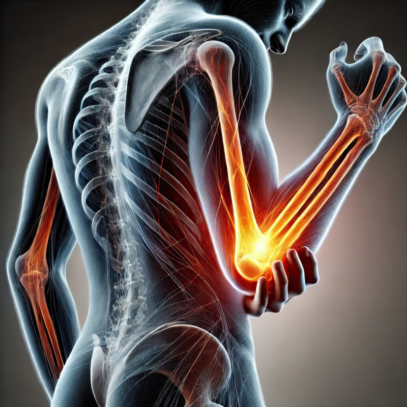 Elbow highlighted with a fiery orange glow to show pain or discomfort, 3d human body pain visualization illustration, concept of joint inflammation or repetitive strain