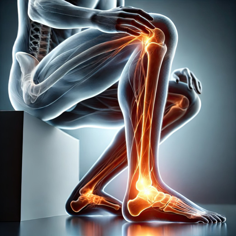 Shin highlighted with a bright orange glow to indicate pain or discomfort, 3d human body pain visualization illustration, concept of shin splints or bone stress