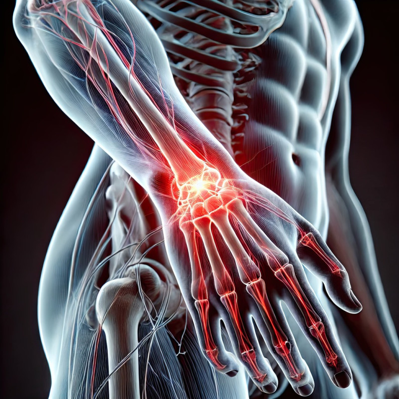 Wrist highlighted with a bright red glow to show pain or discomfort, 3d human body pain visualization illustration, concept of strain, arthritis, or carpal tunnel syndrome