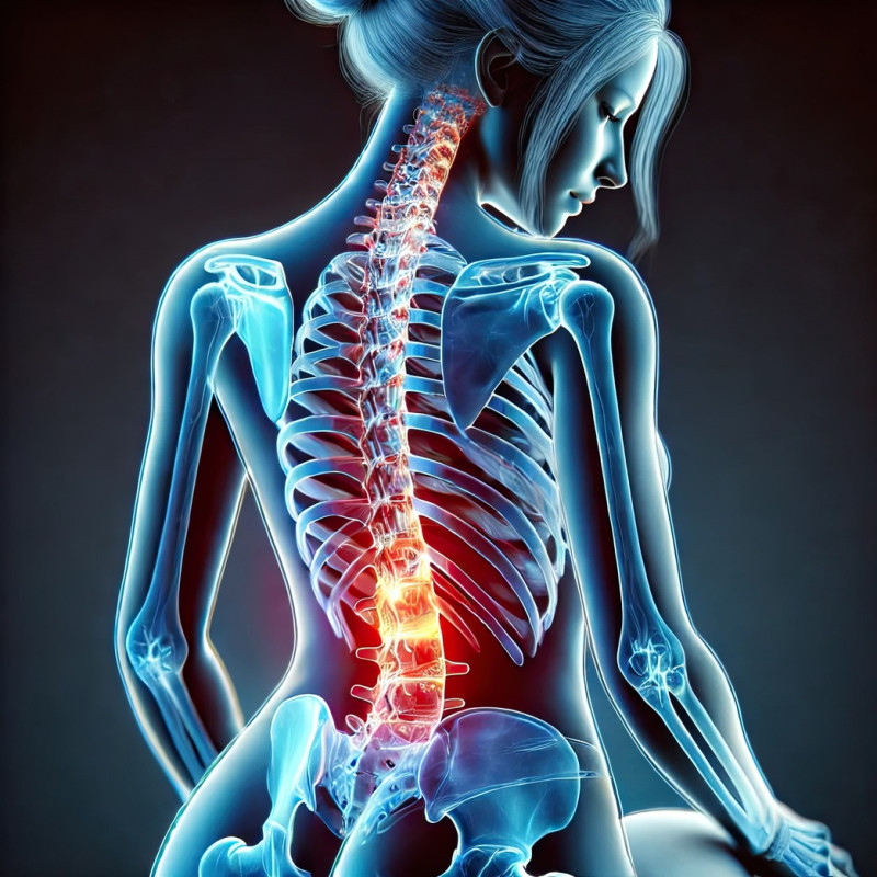 Female yoga practitioner viewed from the rear with pain points displayed, 3d medical pain visualization concept showing flexibility stress and joint strain