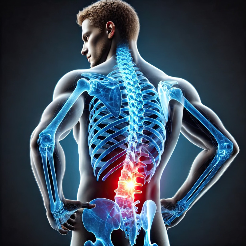 Male athlete viewed from a rear three quarter angle with highlighted pain points, 3d medical pain visualization concept showing muscle stress and injury