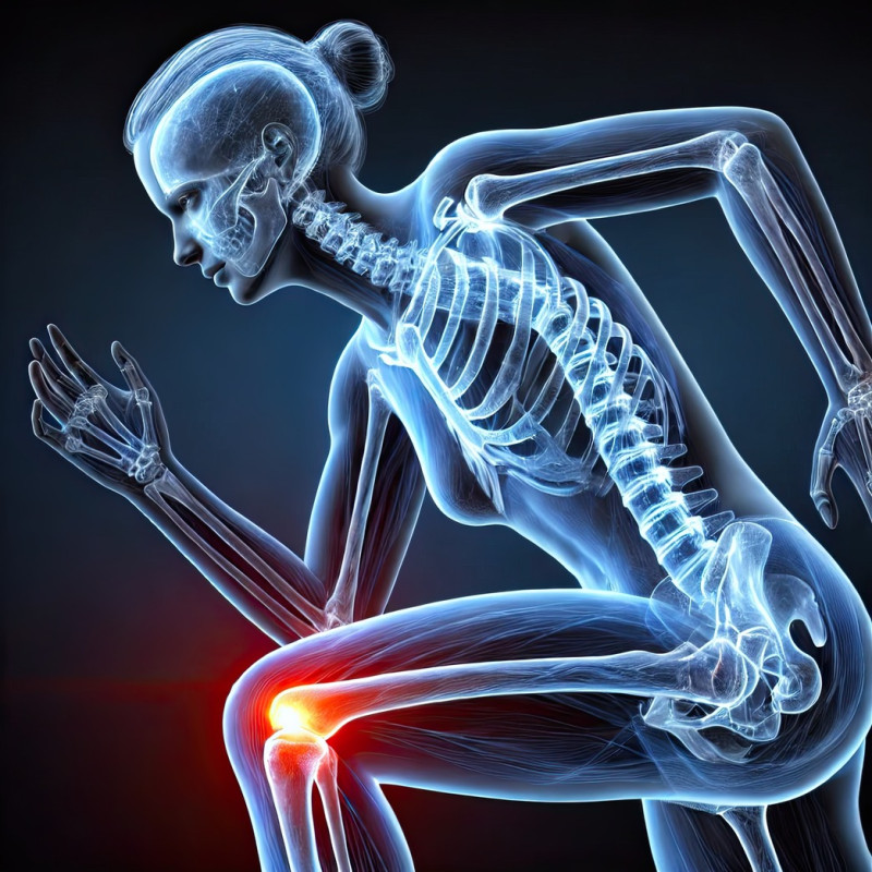 Female runner in side profile with pain areas highlighted, 3d medical pain visualization focusing on muscle strain, sports injury, and biomechanics