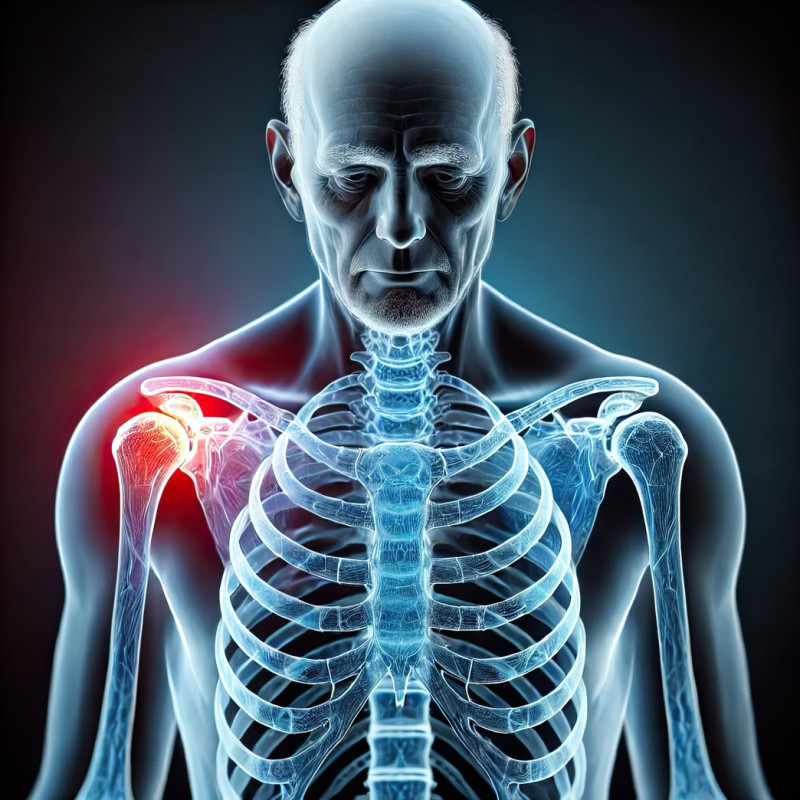 Elderly man facing forward with pain points shown, 3d medical pain visualization illustrating joint pain, arthritis, and aging related discomfort