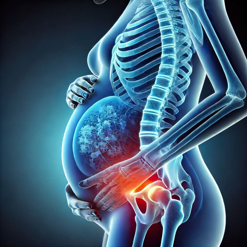 Pregnant woman seen from the side with highlighted pain regions, 3d medical pain visualization concept focusing on pregnancy related discomfort and back pain