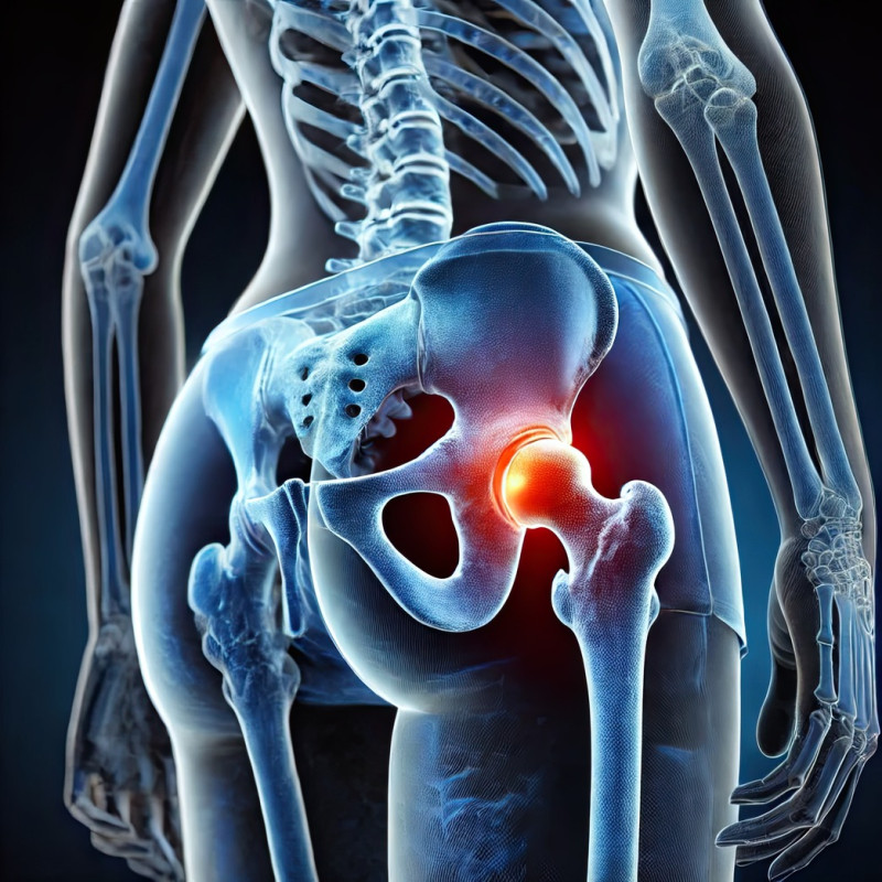 Elderly woman seen from a three quarter rear angle with pain zones marked, 3d medical pain visualization depicting age related joint and muscle pain