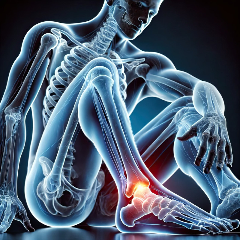 Male viewed from a low side angle with pain points highlighted, 3d medical pain visualization concept emphasizing strain, injury, and posture effects