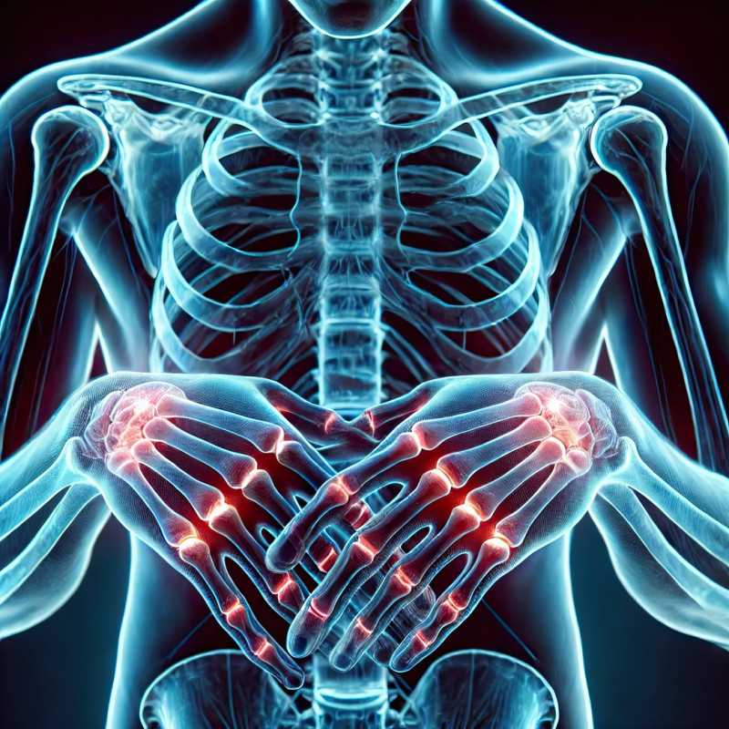 Male viewed from a top down angle with focus on hands and pain zones, 3d medical pain visualization highlighting wrist pain, arthritis, and strain injuries