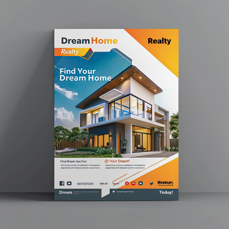 Energetic flyer designs of dreamhome realty with text find your dream home today, highlighting modern properties, real estate solutions, and home buying services