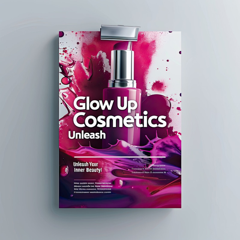 Energetic flyer designs of glowup cosmetics with text unleash your inner beauty, promoting makeup products, skincare essentials, and beauty enhancement