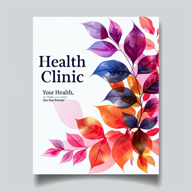 Energetic flyer designs of purehealth clinic with text your health our priority, promoting medical care, wellness services, and patient centered healthcare