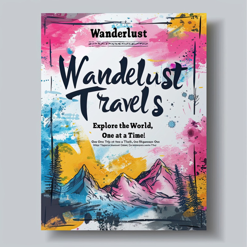 Energetic flyer designs of wanderlust travels with text explore the world one trip at a time, featuring travel destinations, adventure experiences, and tourism