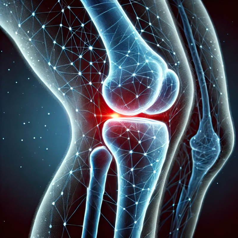 Medical digital illustration of a human knee joint, showing bones, ligaments, and cartilage, concept of mobility, joint health, and orthopedic medicine