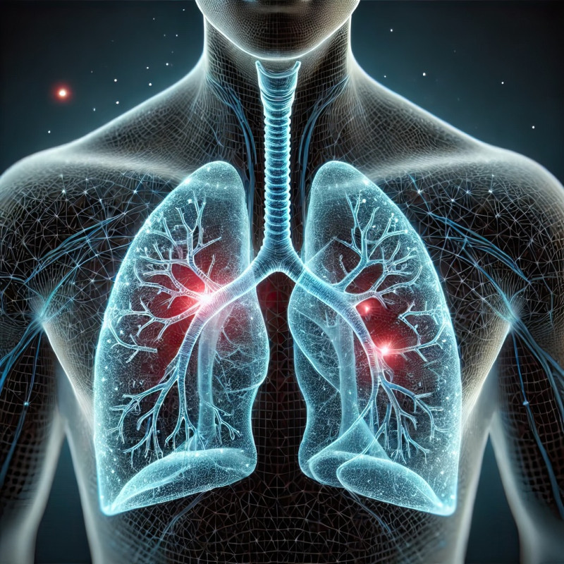 Medical digital illustration of human lungs, depicting bronchial tubes, alveoli, and airflow, concept of respiration, oxygen exchange, and pulmonary health