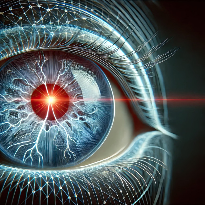 Medical digital illustration of a human eye, showing the iris, retina, and optic nerve, concept of vision, sight, and ophthalmology anatomy