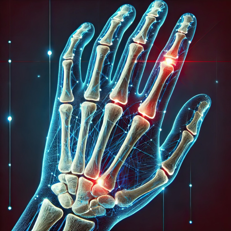 Medical digital illustration of the human hand, highlighting bones, tendons, and nerves, concept of dexterity, movement, and orthopedic anatomy