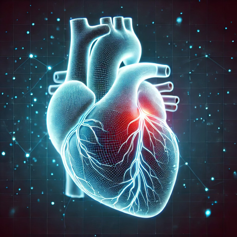 Medical digital illustration of a human heart, highlighting arteries, veins, and chambers, concept of cardiovascular health, heartbeat, and blood circulation