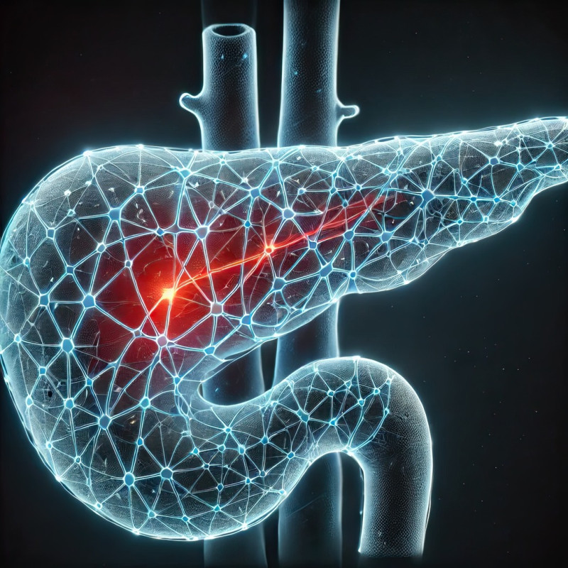 Medical digital illustration of the human pancreas, detailing insulin production, endocrine and digestive function, concept of metabolism and diabetes research