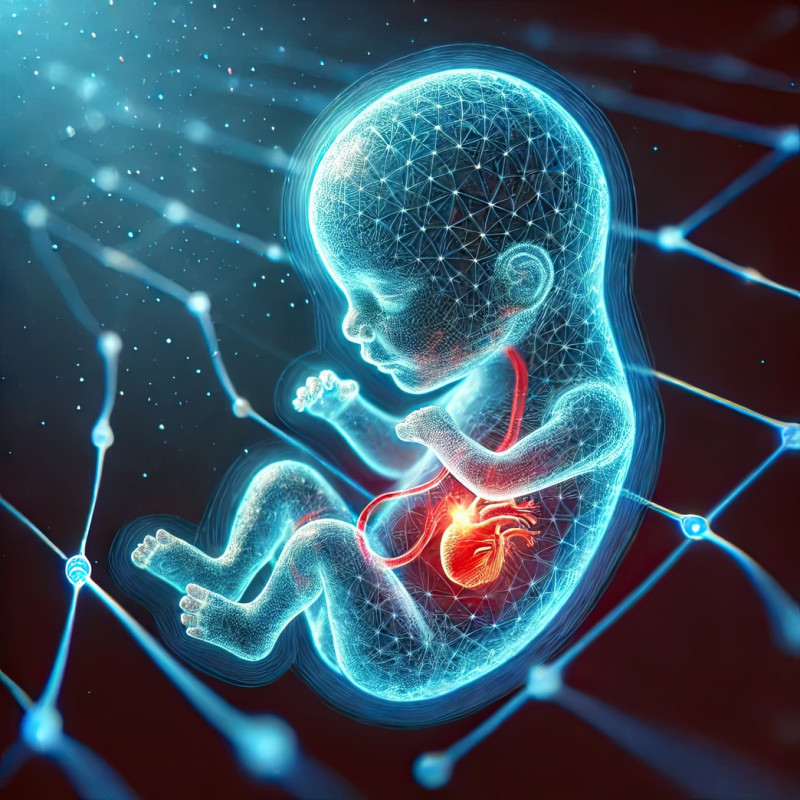 Medical digital illustration of a developing human fetus, showing growth stages inside the womb, concept of pregnancy, prenatal health, and embryonic development