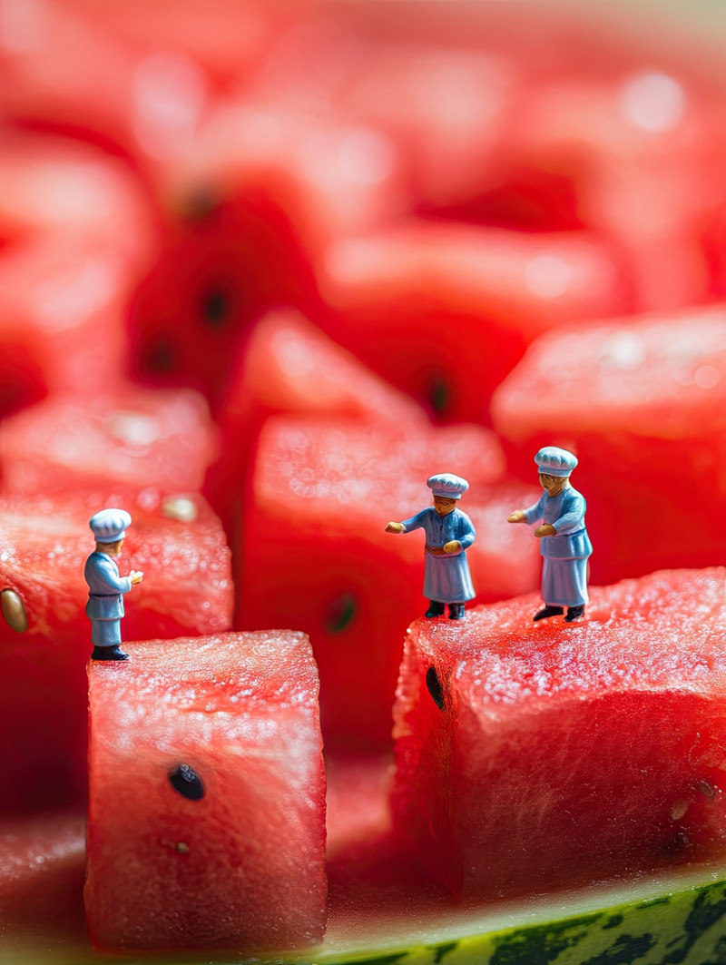 Miniature workers carefully arrange small watermelon cubes on a wooden plate, three tiny chefs precisely position the pieces, miniature workers food photographs