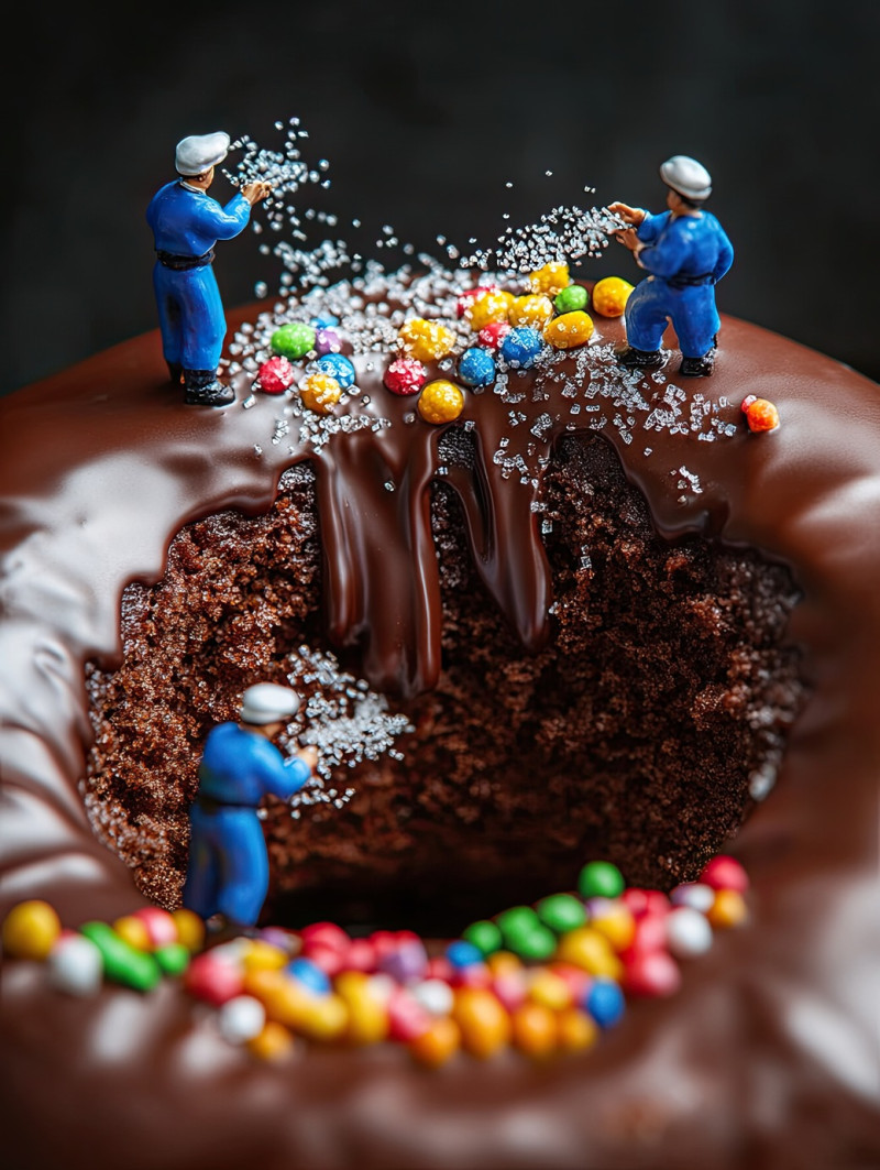 Miniature pastry chefs sprinkle colorful sugar bits over a halved chocolate donut, four tiny bakers carefully decorate the sweet treat, miniature workers food photographs