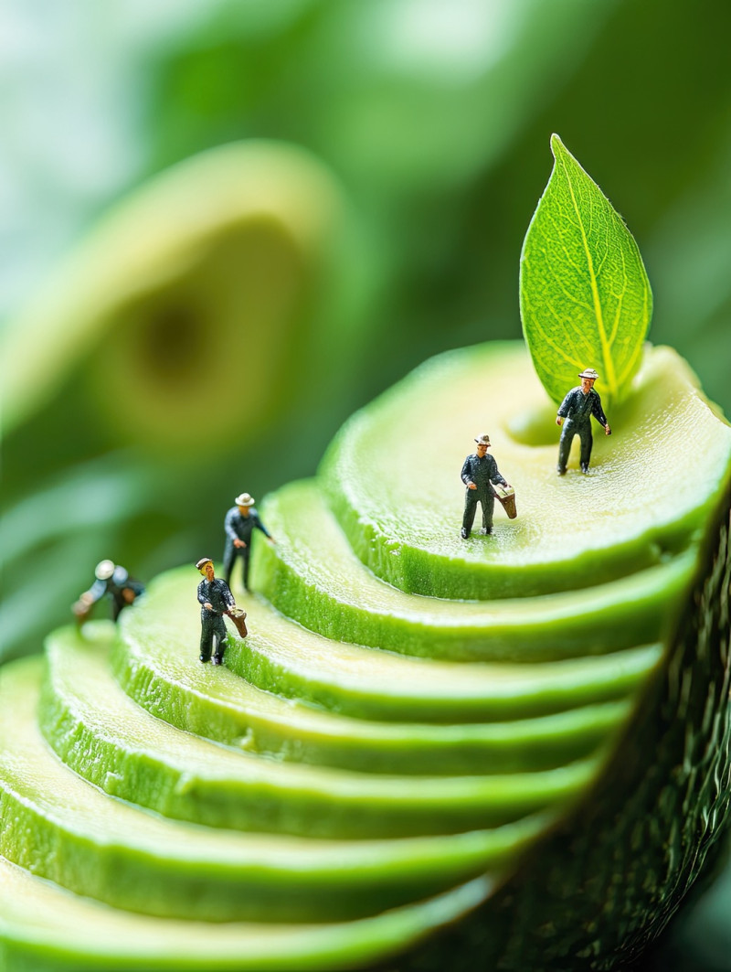Five miniature farmers harvest thin avocado slices, arranged in a fan shape, the tiny workers carefully collect each creamy piece, miniature workers food photographs