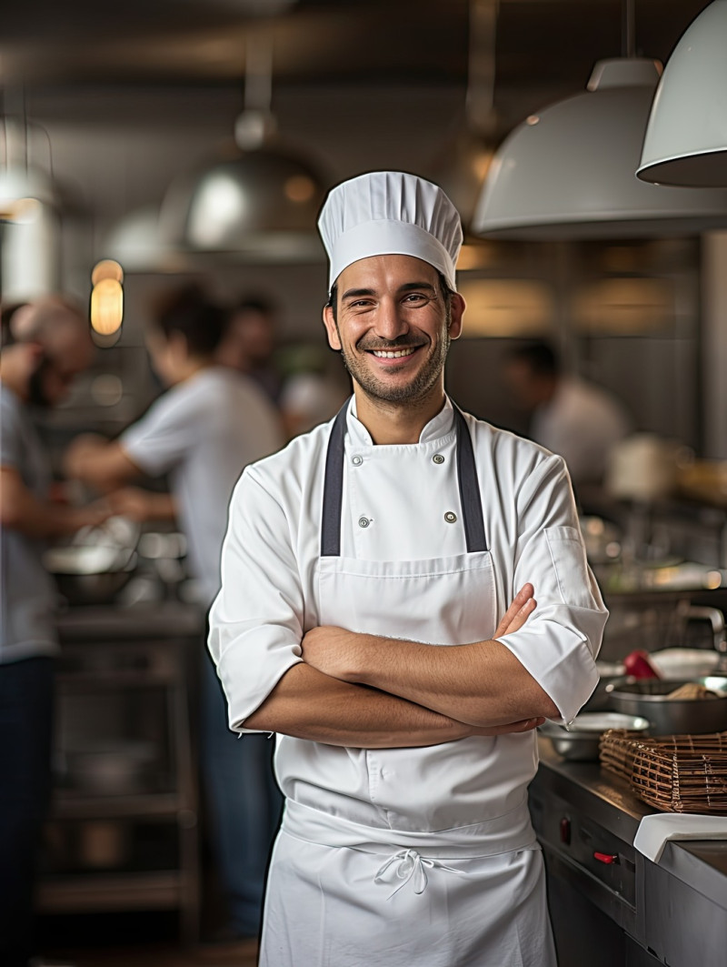 Friendly smiling chef in kitchen, wearing uniform and hat, preparing fresh food, professional cooking, stock photographs, people at work