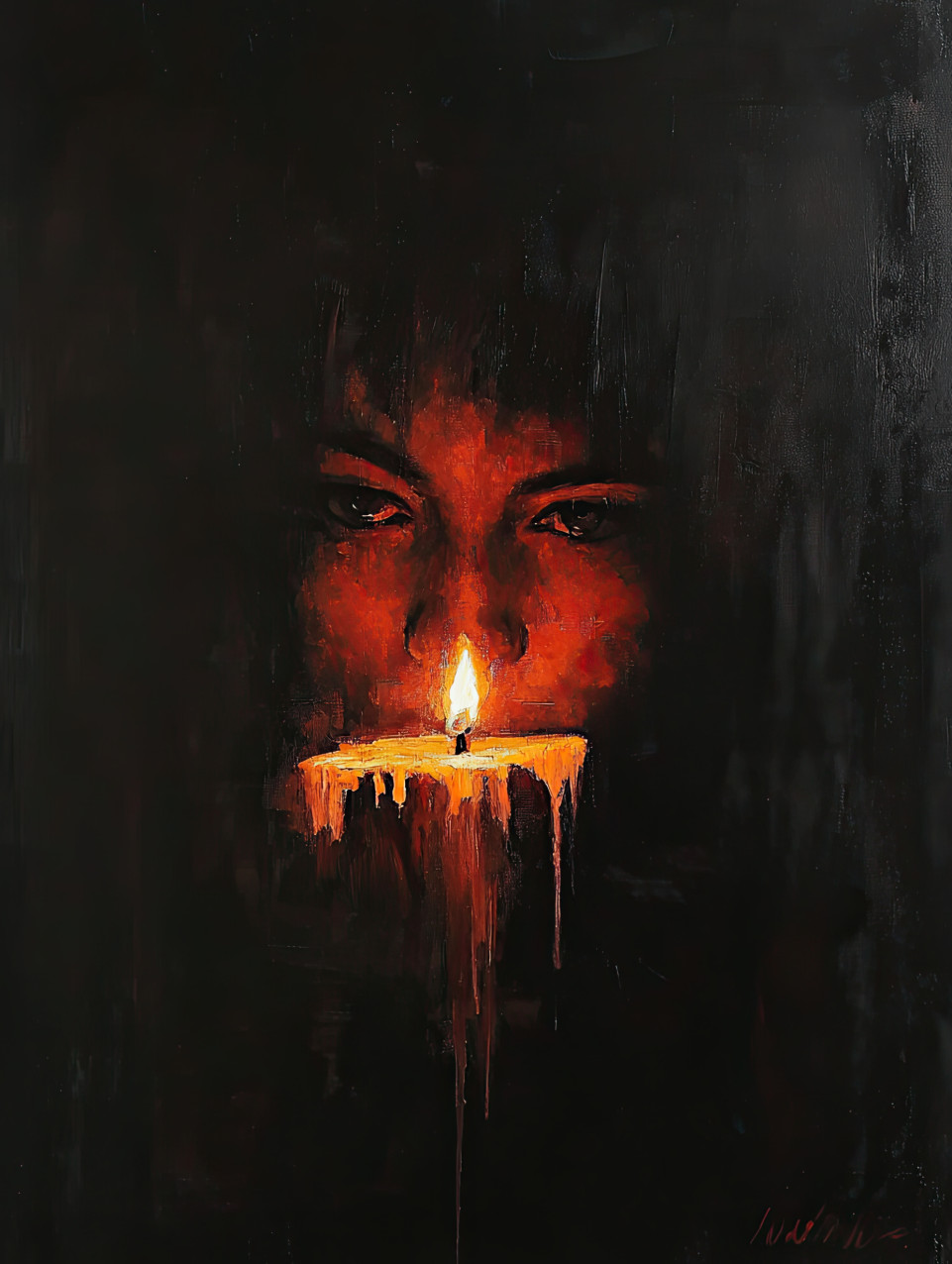 Dramatic chiaroscuro portrait of a face illuminated by candlelight, deep shadows creating mystery, classic art chiaroscuro technique enhancing contrast