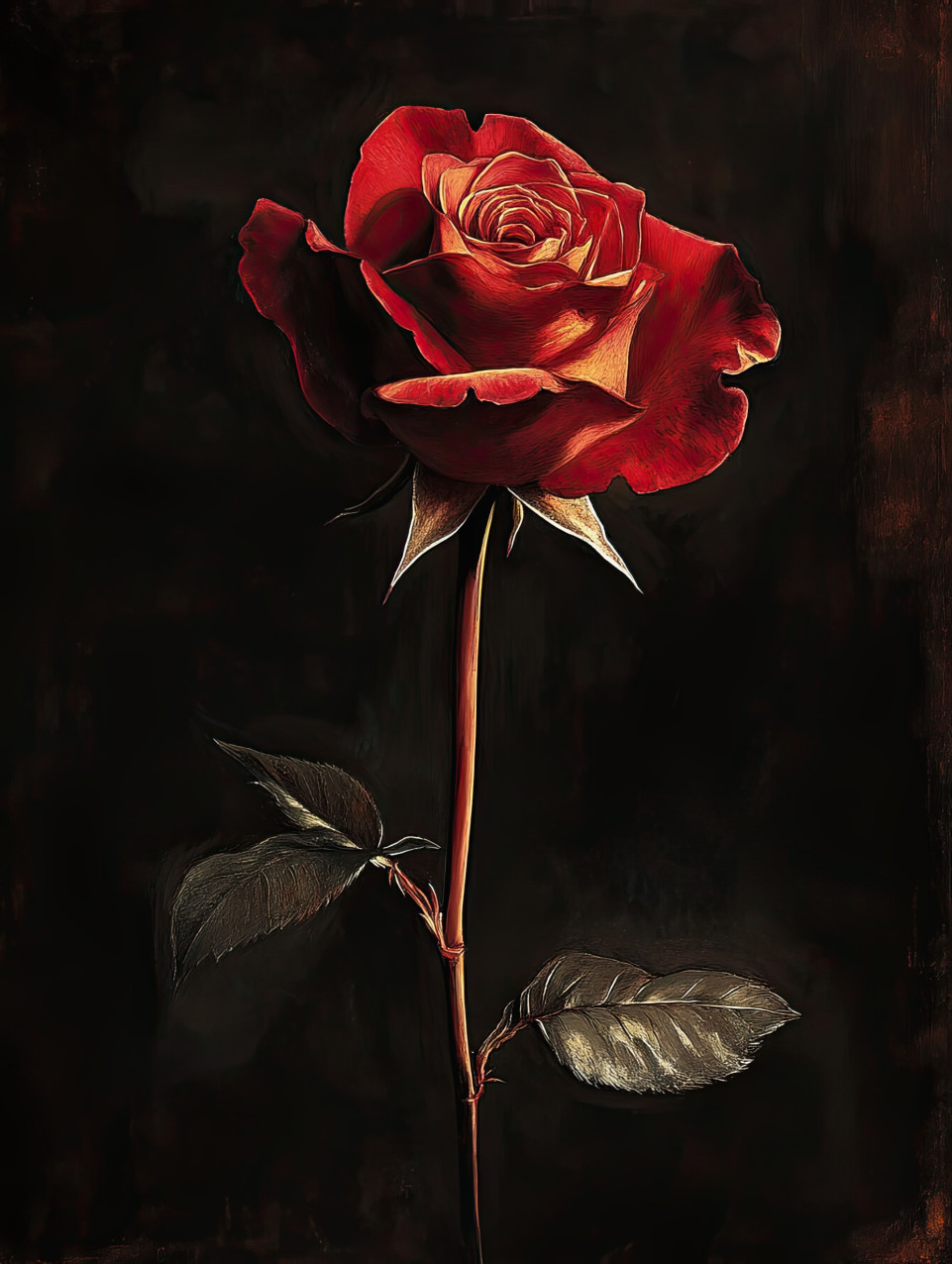 A lone rose bathed in dramatic light, deep shadows emphasizing delicate petals, classic art chiaroscuro technique creating a timeless floral composition