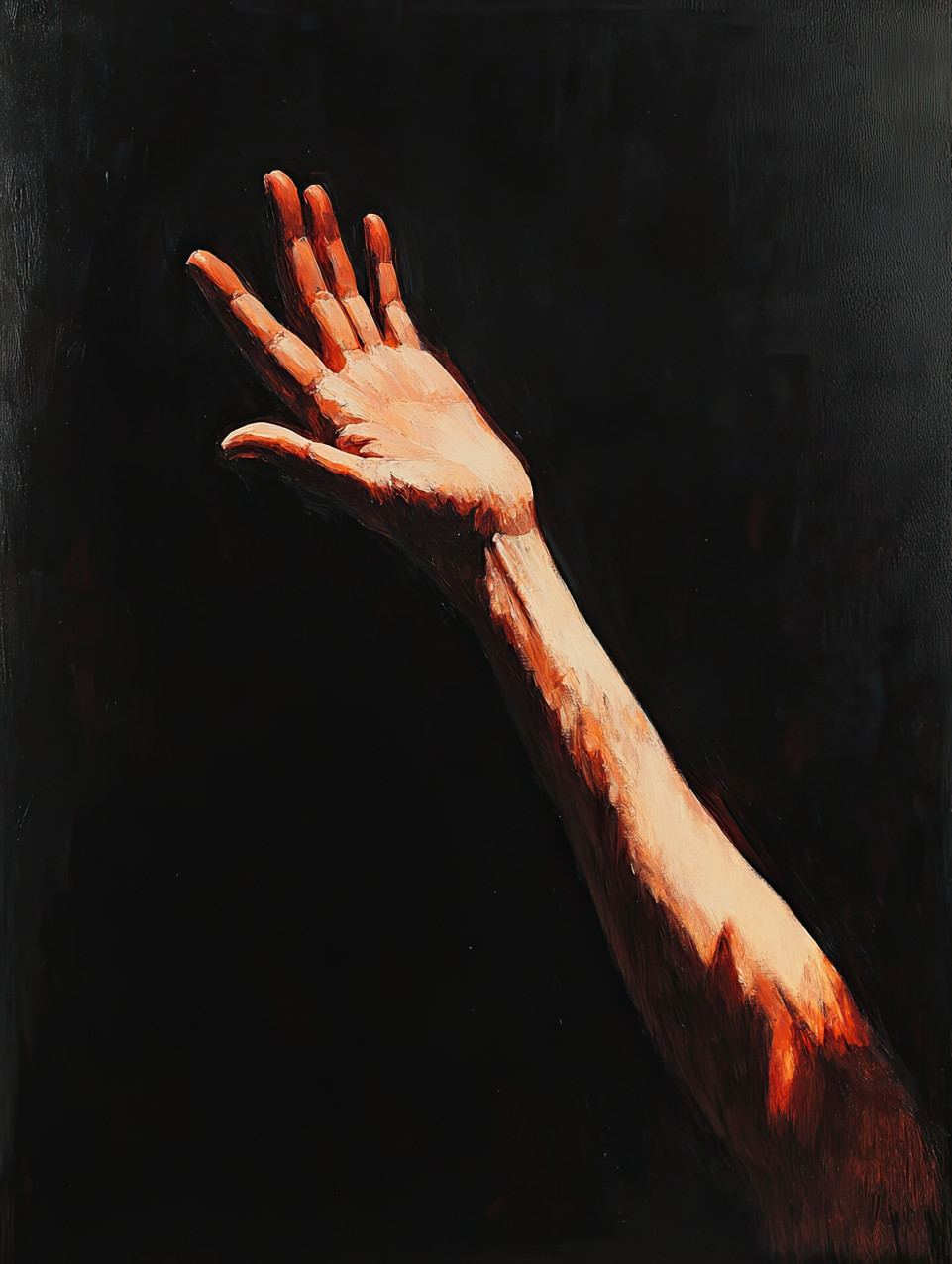 Expressive hands stretch toward glowing light, deep shadows adding tension, chiaroscuro artist technique conveying hope, struggle, and human emotion