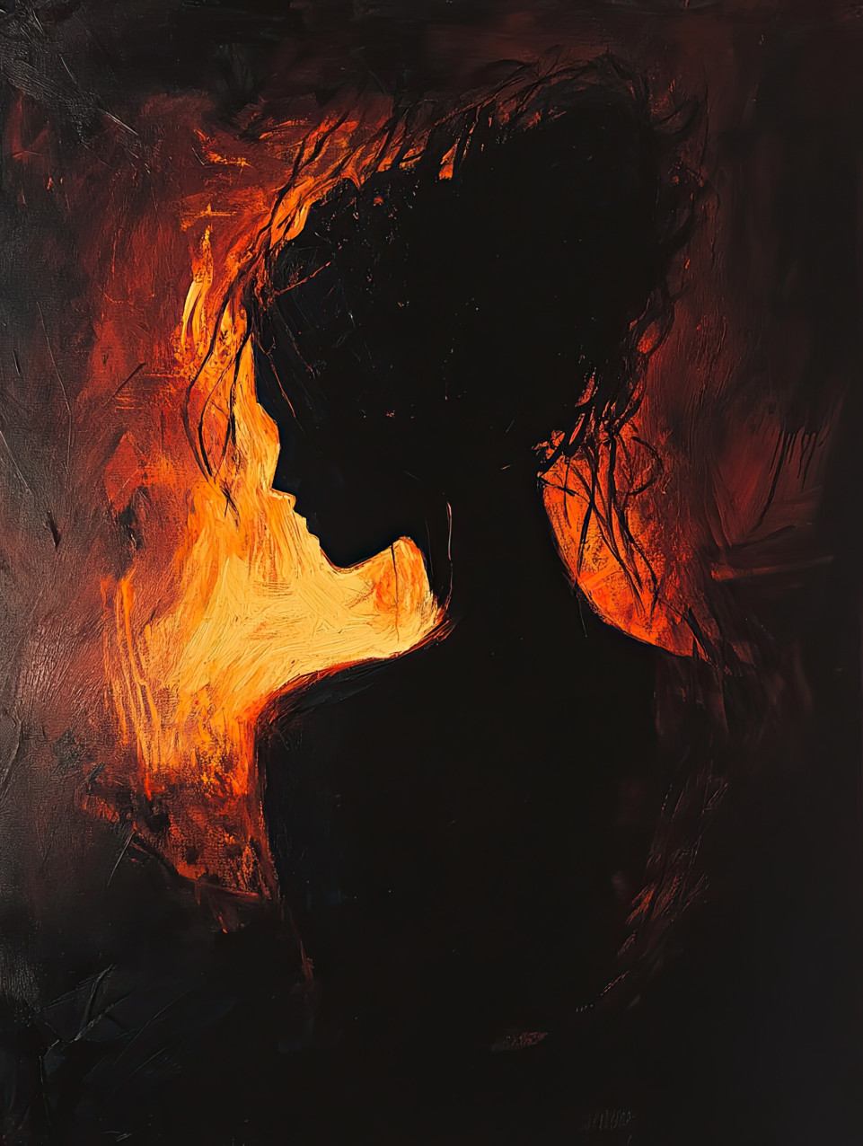 Dark silhouette stands before roaring flames, dramatic contrast enhancing intensity, chiaroscuro art style capturing mystery and danger in flickering light
