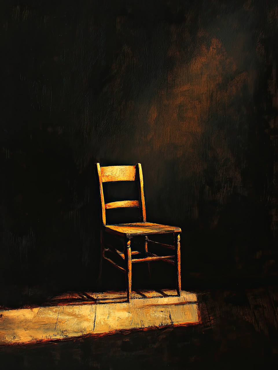 An empty chair bathed in a single light source, deep shadows creating solitude, classic chiaroscuro artist technique emphasizing isolation and stillness