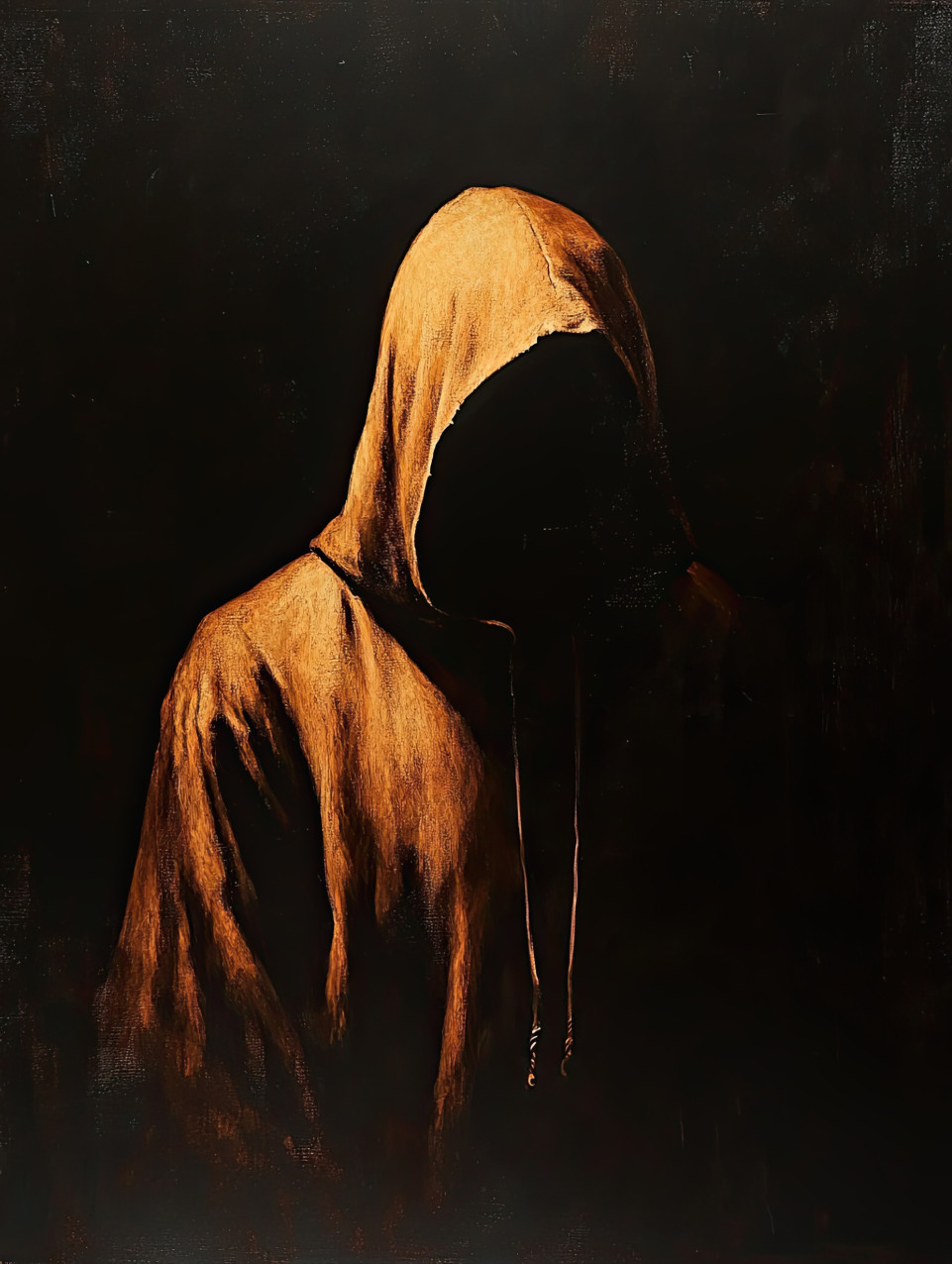 A shadowy hooded figure emerges from darkness, face obscured, dramatic chiaroscuro lighting creating mystery, secrecy, and cinematic suspense