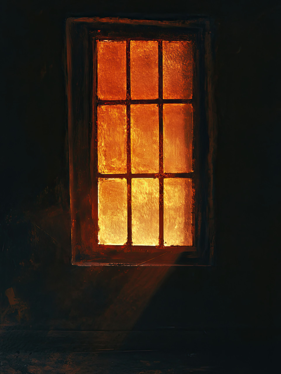 A single glowing window pierces the night, deep shadows around it, art chiaroscuro technique adding warmth, solitude, and mystery to the scene