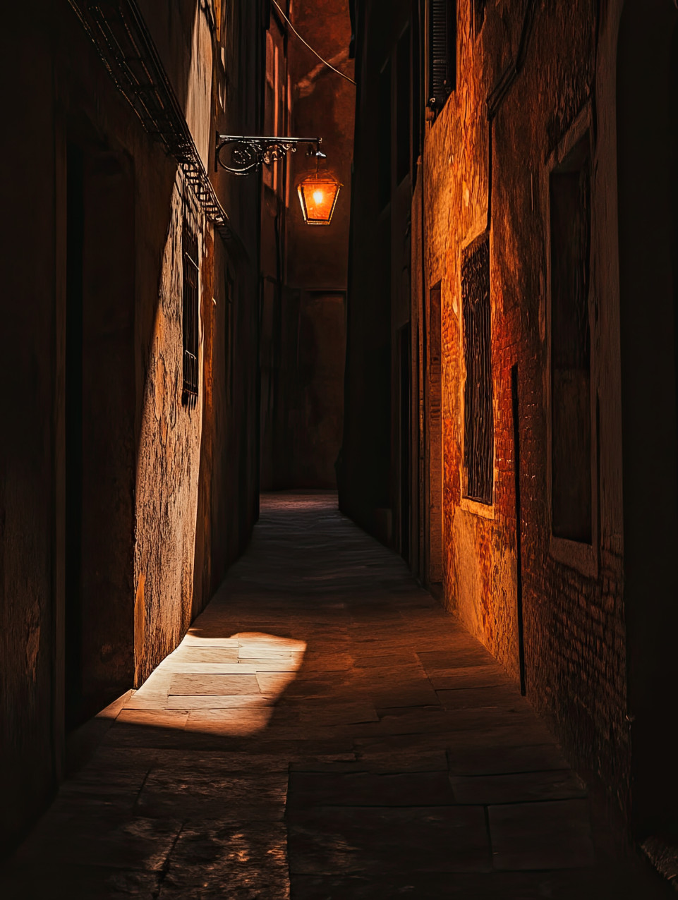 A dimly lit alleyway with deep shadows and a single light source, strong chiaroscuro contrast creating suspense, mystery, and urban solitude