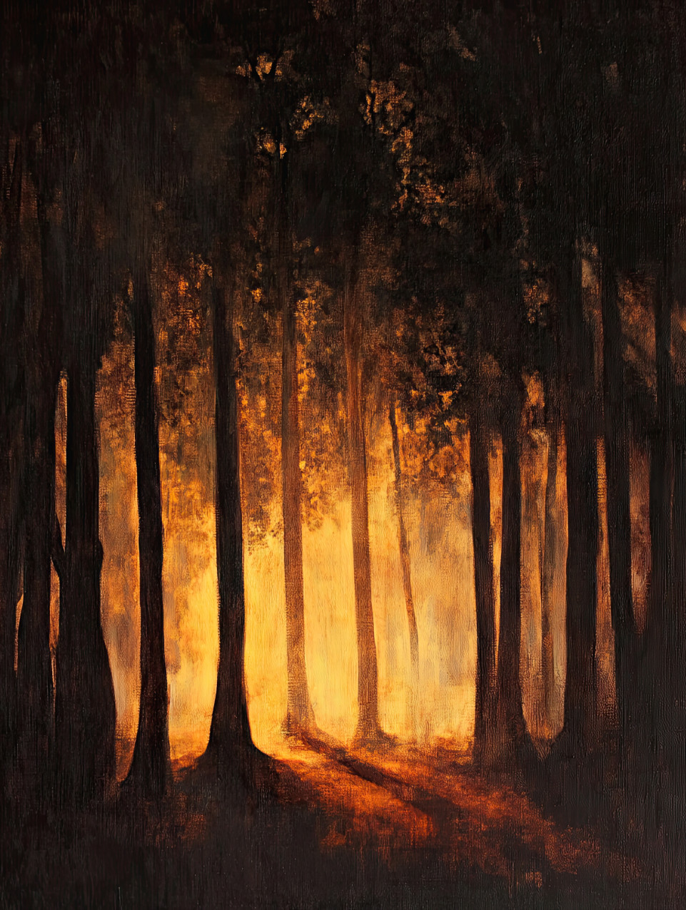 Sunlight streams through dense trees, deep shadows contrasting with warm glow, chiaroscuro artist technique highlighting natureâ€™s beauty and tranquility