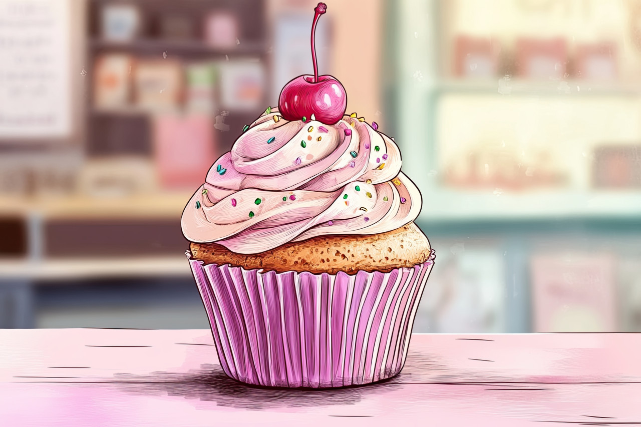 Cupcake with swirled frosting and sprinkles, designed with playful hand drawn doodle line art, 3d pencil realism food, sweet dessert concept