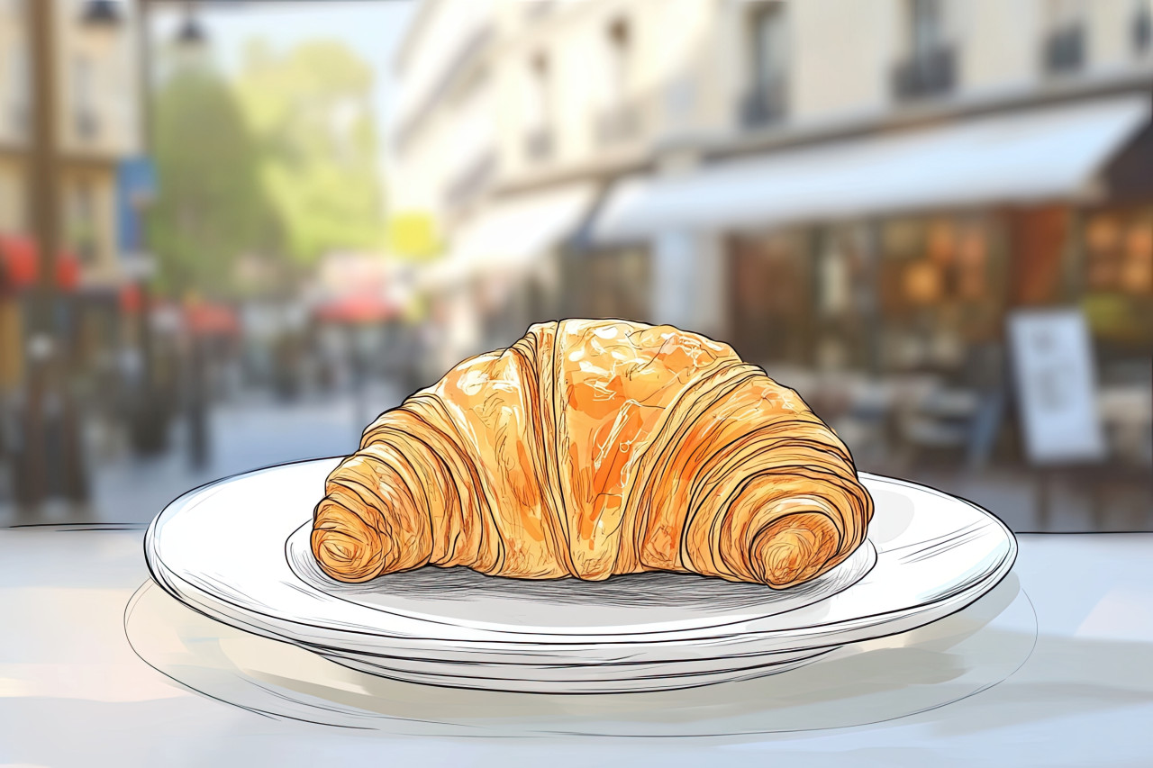 Flaky golden croissant with butter layers, drawn with doodle style line art, 3d pencil realism food, french pastry breakfast concept