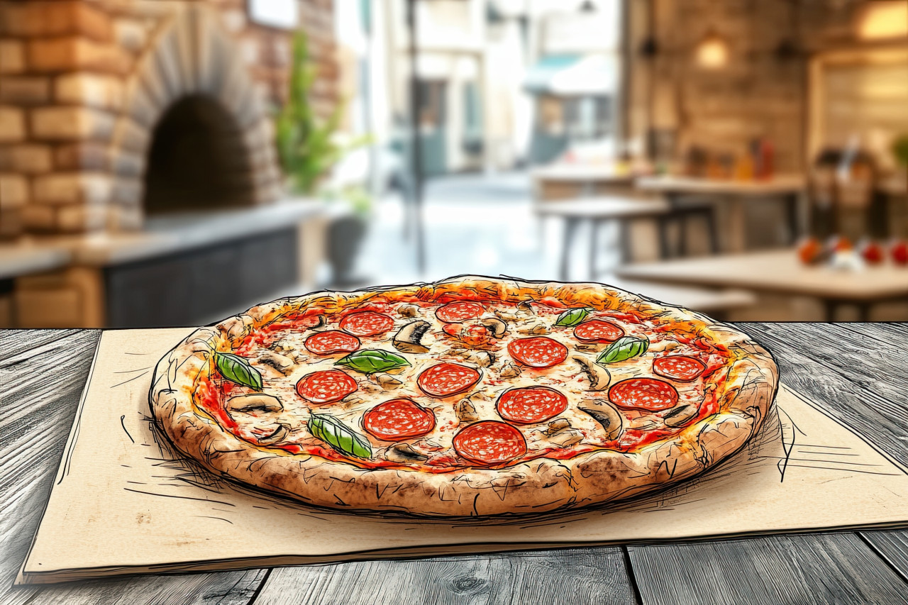 Cartoonish pizza slice with melted cheese, pepperoni, and tomato sauce, detailed with hand drawn doodle line art, 3d pencil realism food concept