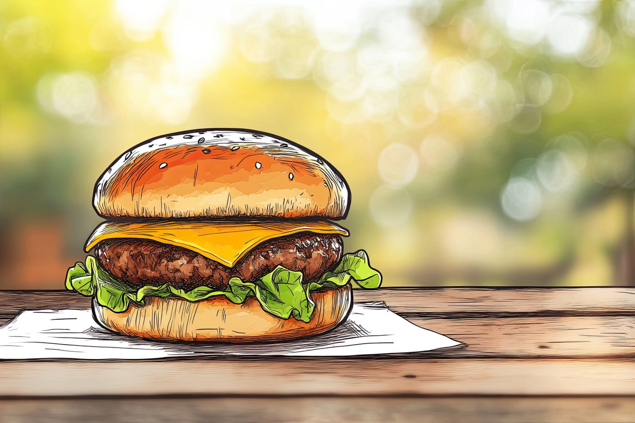 Juicy hamburger with lettuce, tomato, cheese, and beef patty, outlined in doodle style line art, 3d pencil realism food, classic fast food meal