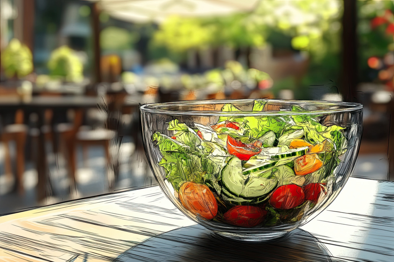 Fresh salad with lettuce, tomatoes, cucumbers, and olives, drawn with doodle style line art, 3d pencil realism food, healthy meal concept