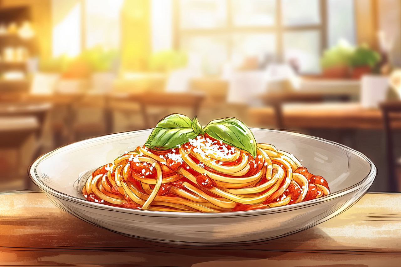 Cartoonish pasta dish with creamy sauce, spaghetti noodles, and basil garnish, drawn with doodle style line art, 3d pencil realism food concept