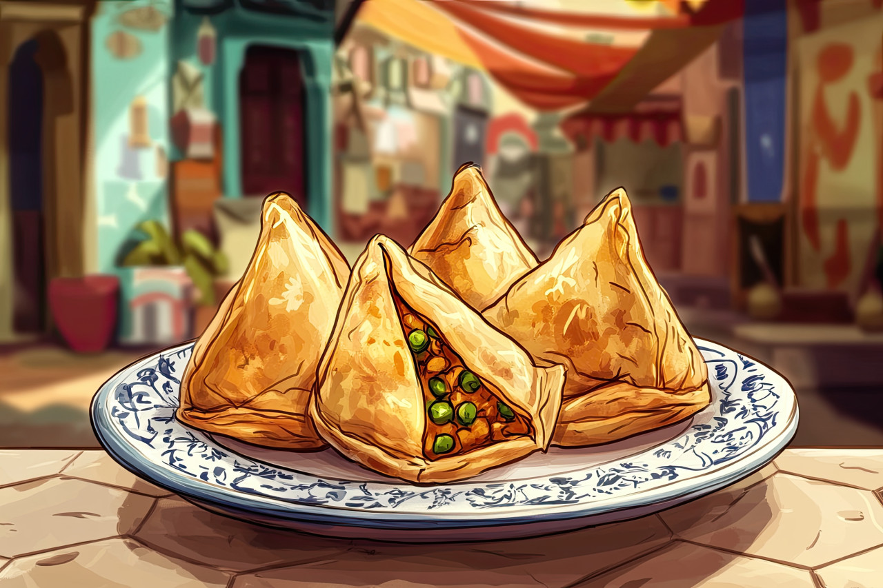 Crispy golden samosa filled with spiced potatoes, shaped with playful doodle line art, 3d pencil realism food, indian street food concept
