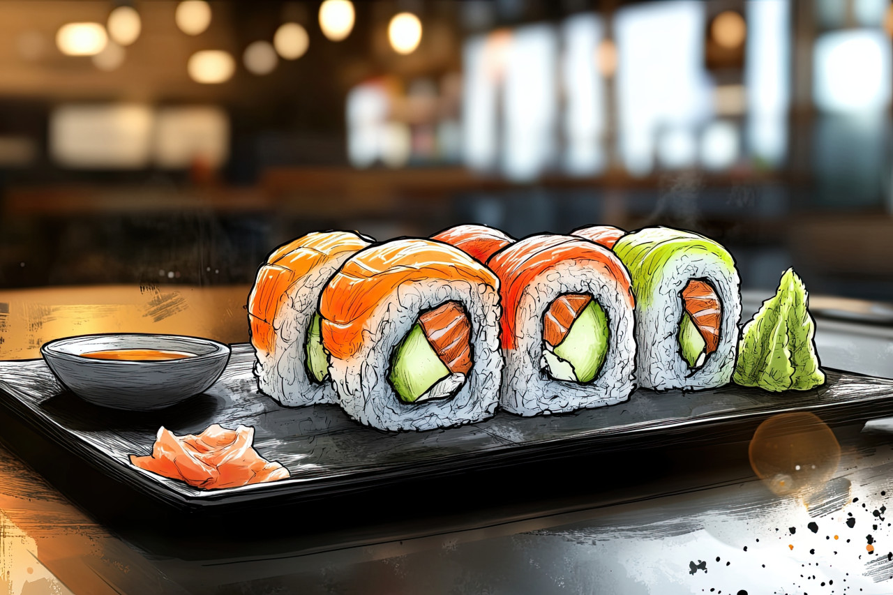 Sushi platter with fresh salmon, tuna, and shrimp nigiri, detailed with doodle line art, 3d pencil realism food, japanese cuisine concept