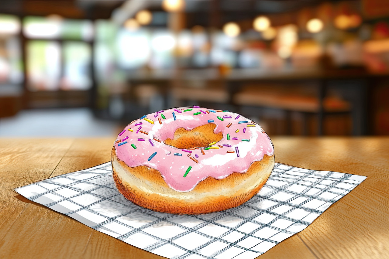 Cartoonish donut with pink frosting and colorful sprinkles, outlined in playful doodle line art, 3d pencil realism food, sweet bakery treat