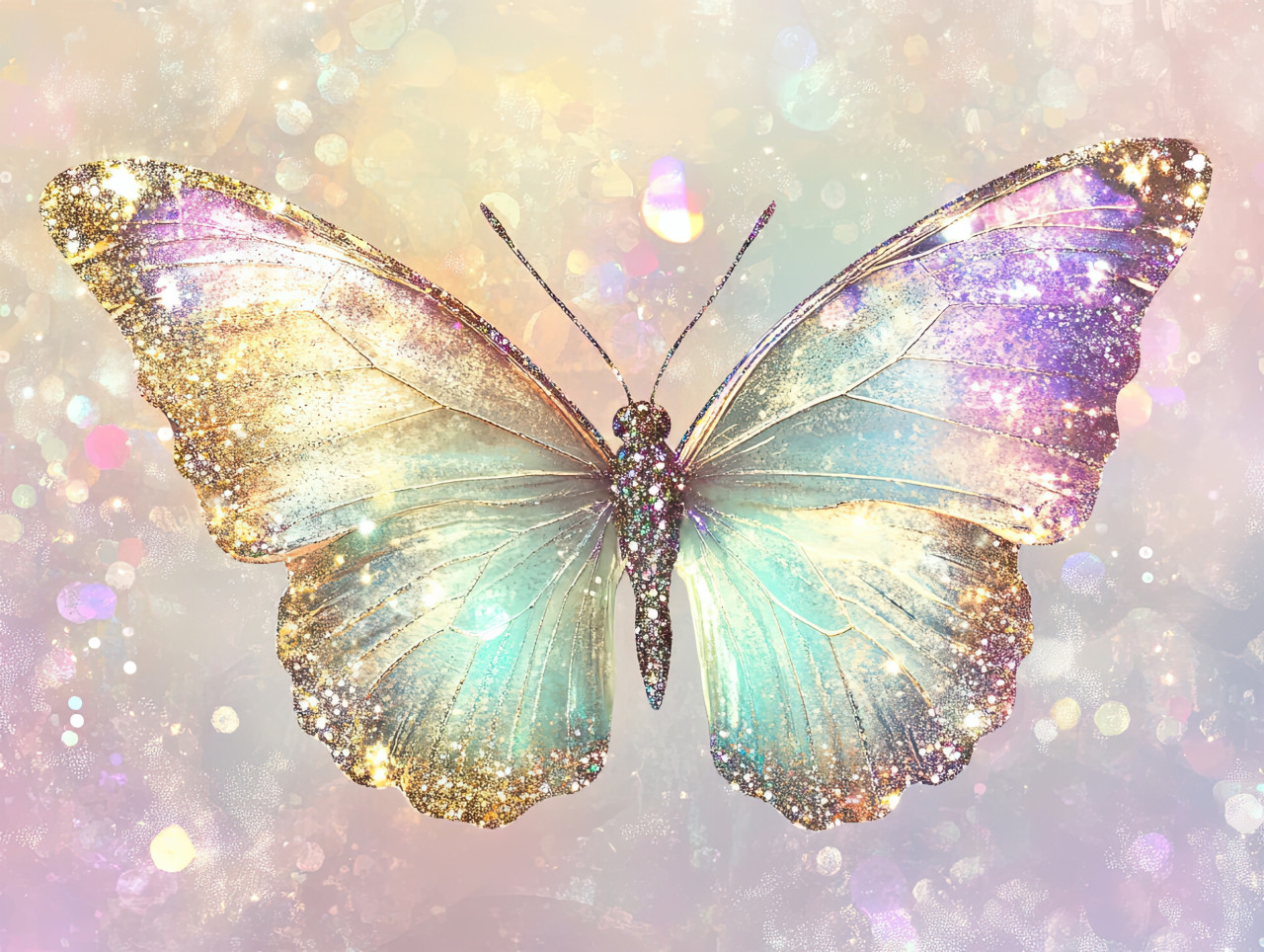Butterfly with sparkles on its delicate wings, shimmering insect in glitter drawing style, magical and elegant, draw glitter effect, drawing glitter colour