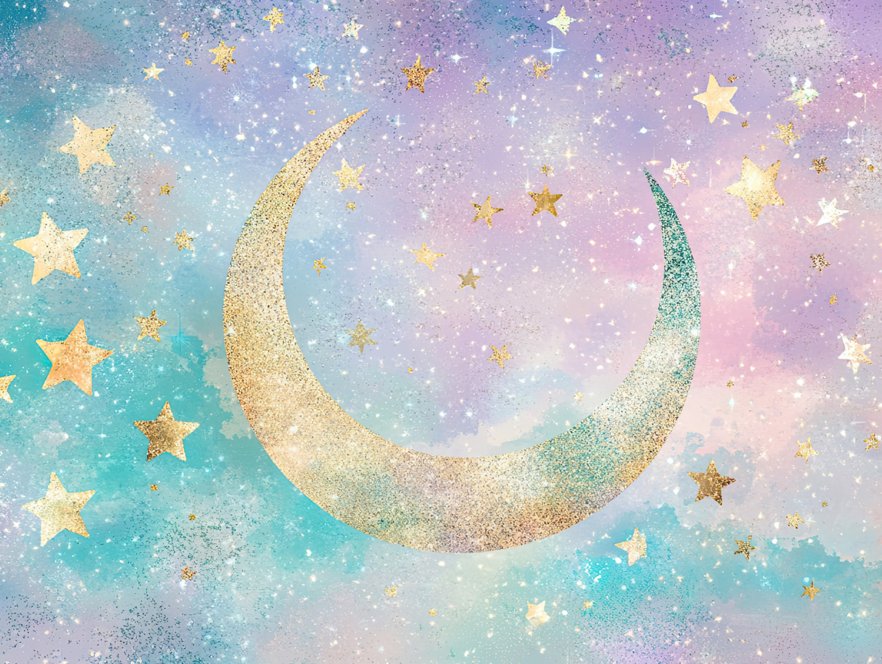 Crescent moon and stars shining in the night sky, dreamy celestial art with glitter drawing effect, mystical and cosmic, draw glitter effect, drawing glitter colour