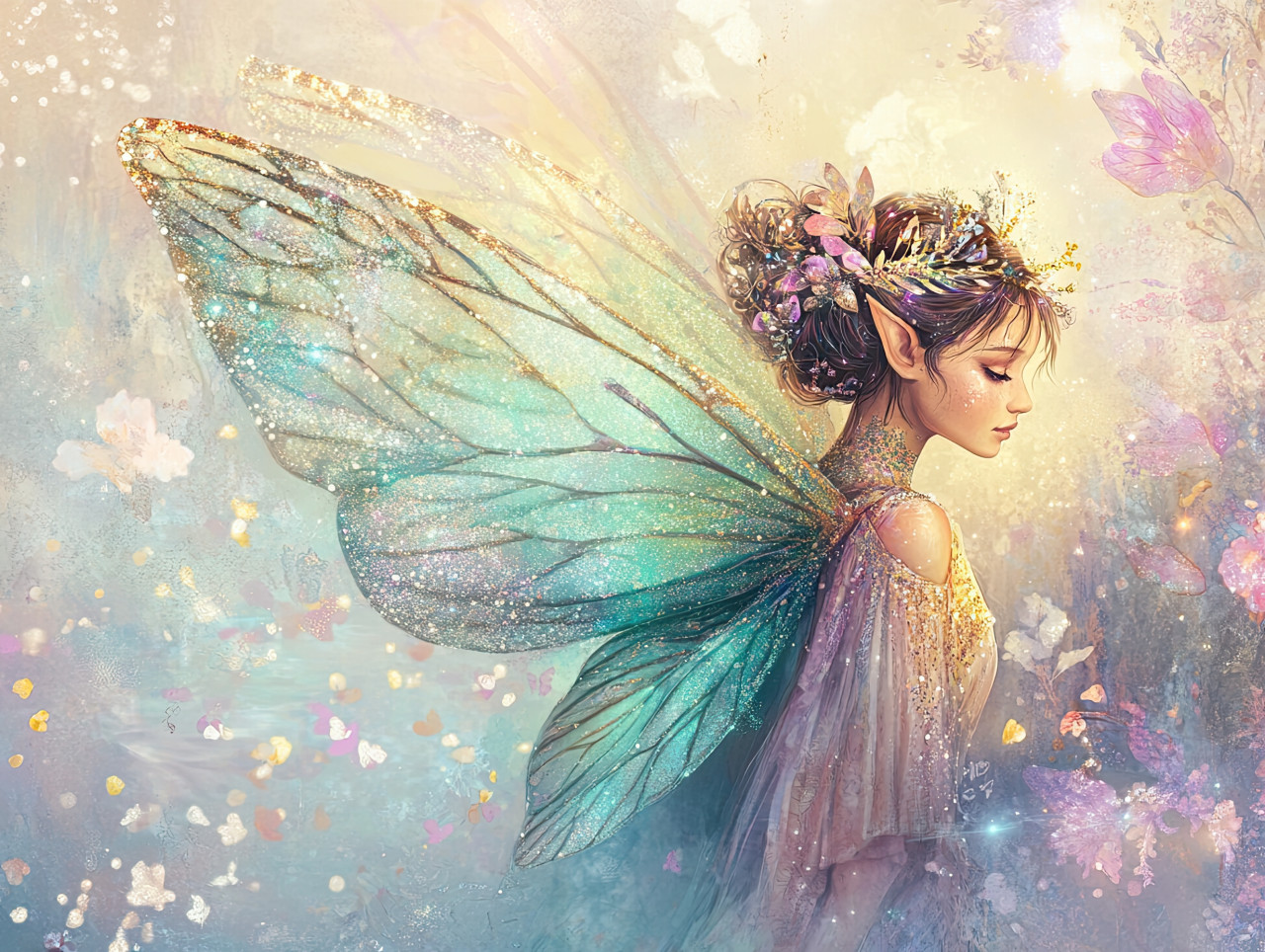 Fairy with wings glowing in sparkles, magical creature in glitter drawing style, fantasy illustration, draw glitter effect, drawing glitter colour