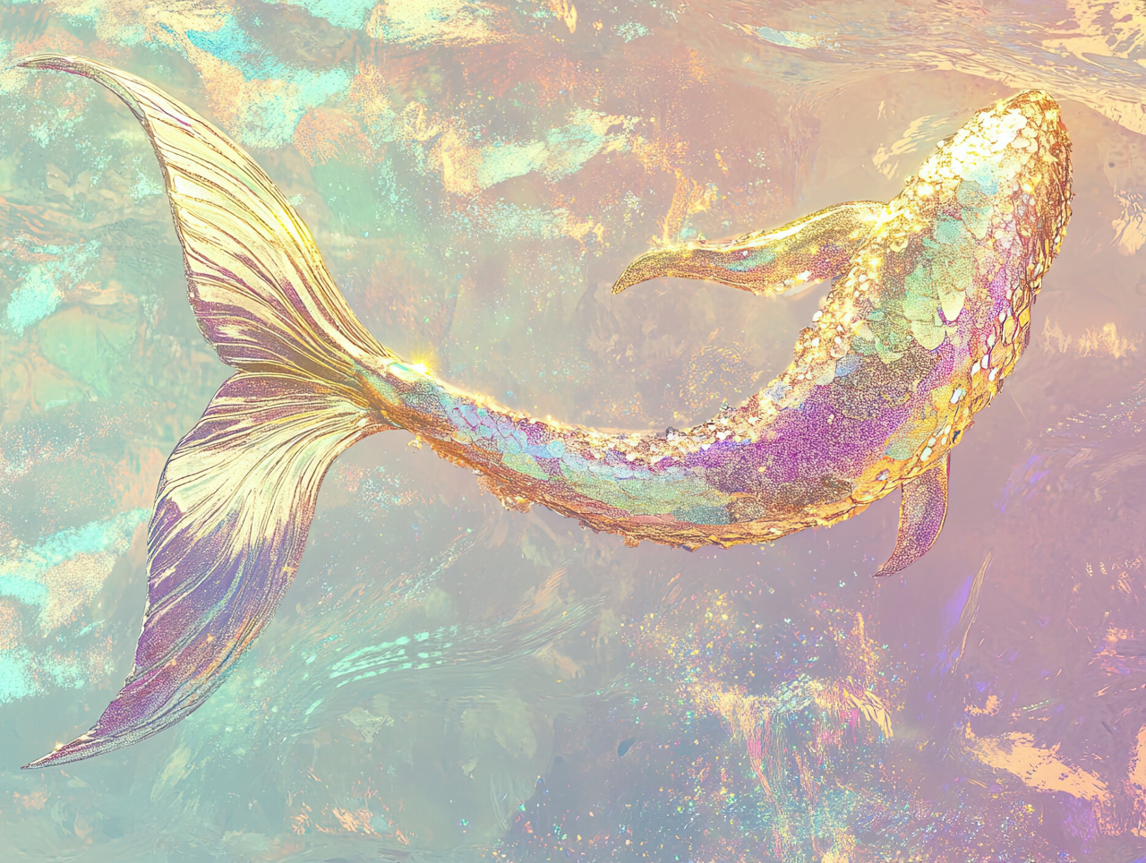 Mermaid tail shimmering with sparkling colors, magical underwater fantasy, ocean themed glitter drawing, draw glitter effect, drawing glitter colour