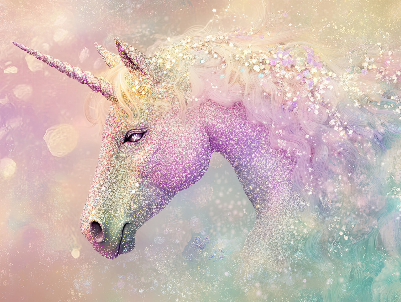 Unicorn with sparkles, mythical creature in glitter drawing style, fantasy and magic concept, glowing horn, draw glitter effect, drawing glitter colour